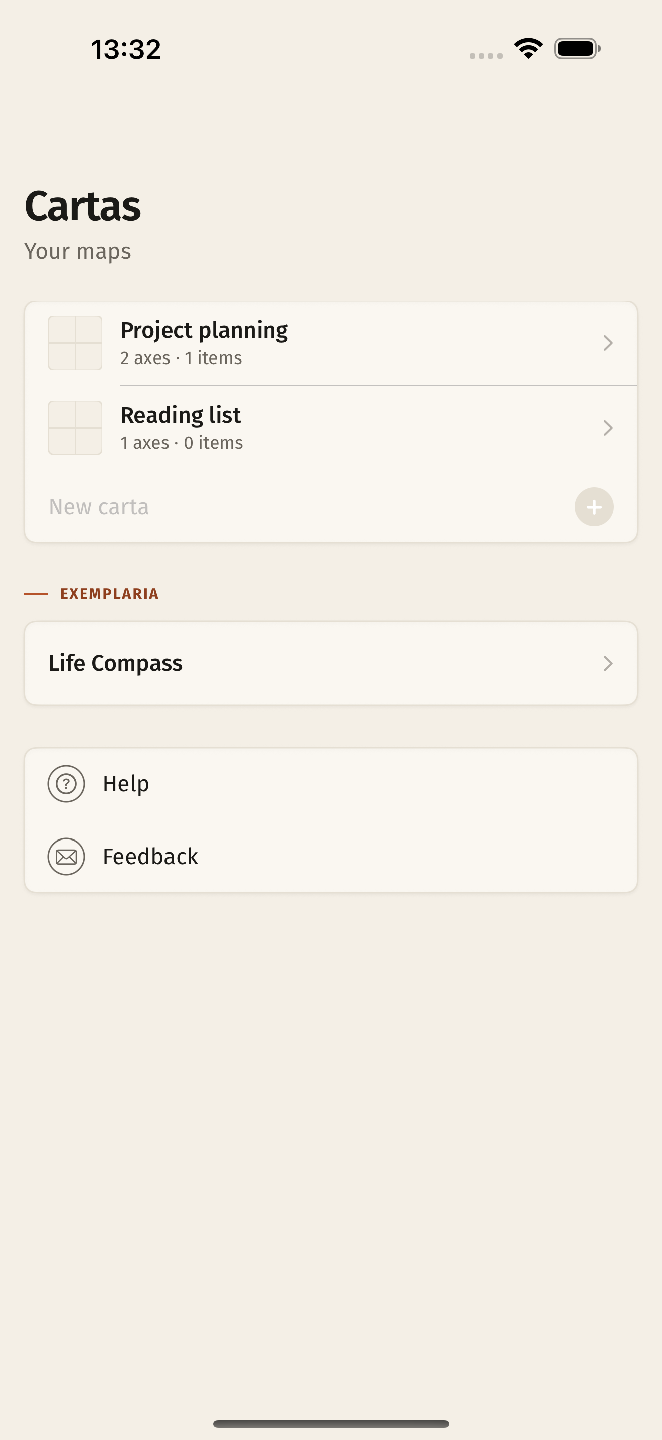Des Cartas home screen showing your maps and Life Compass