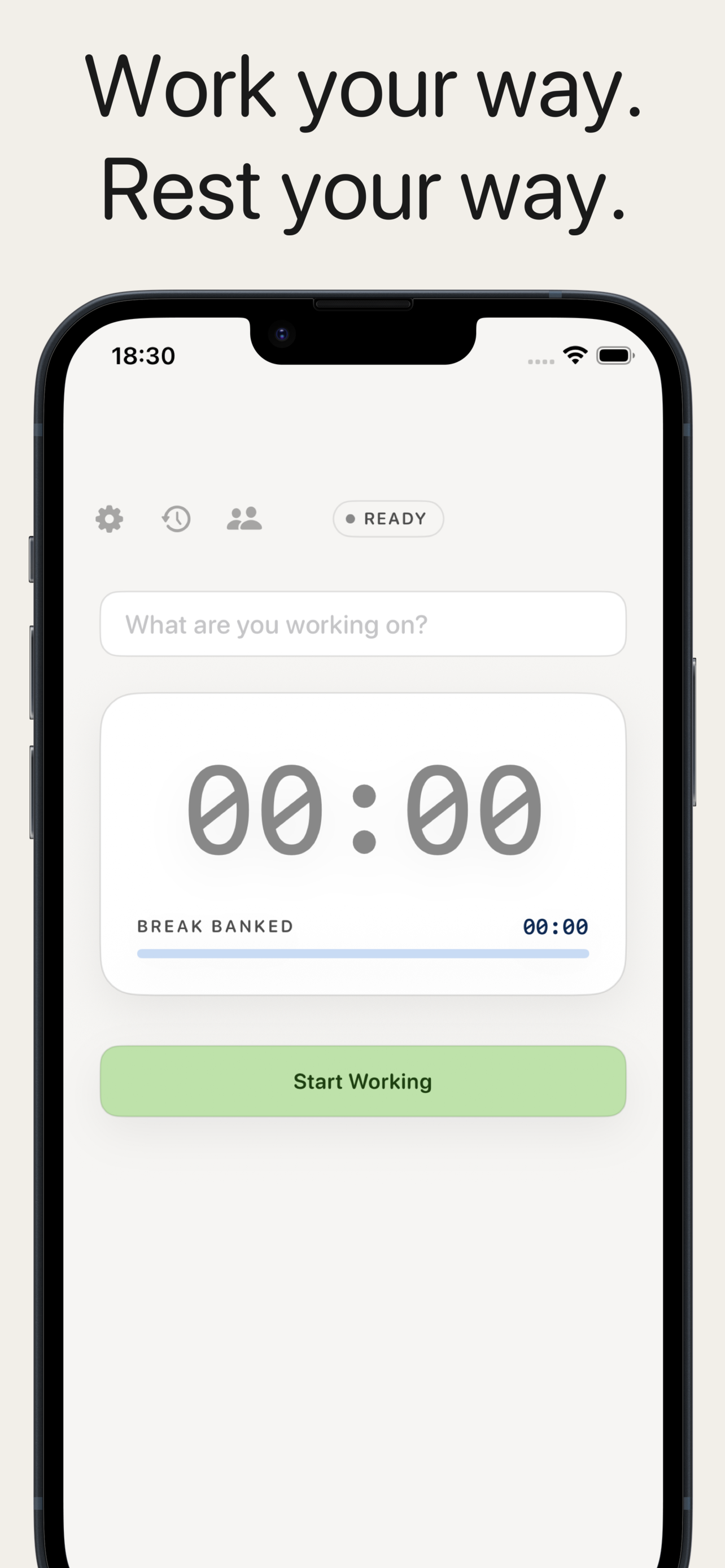 Divvy Time intro screen showing work intent prompt