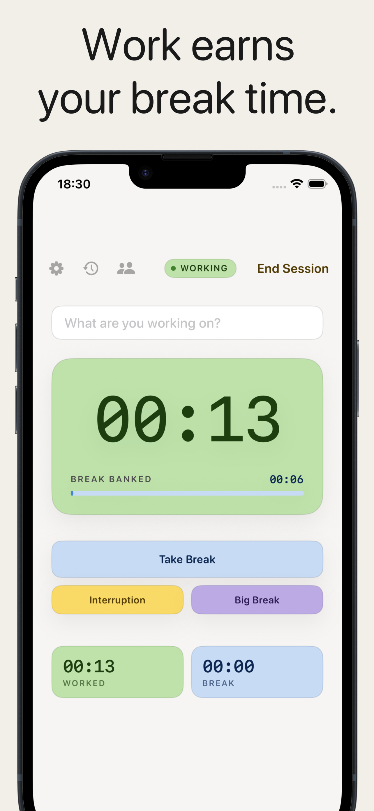 Divvy Time working screen showing break bank filling up