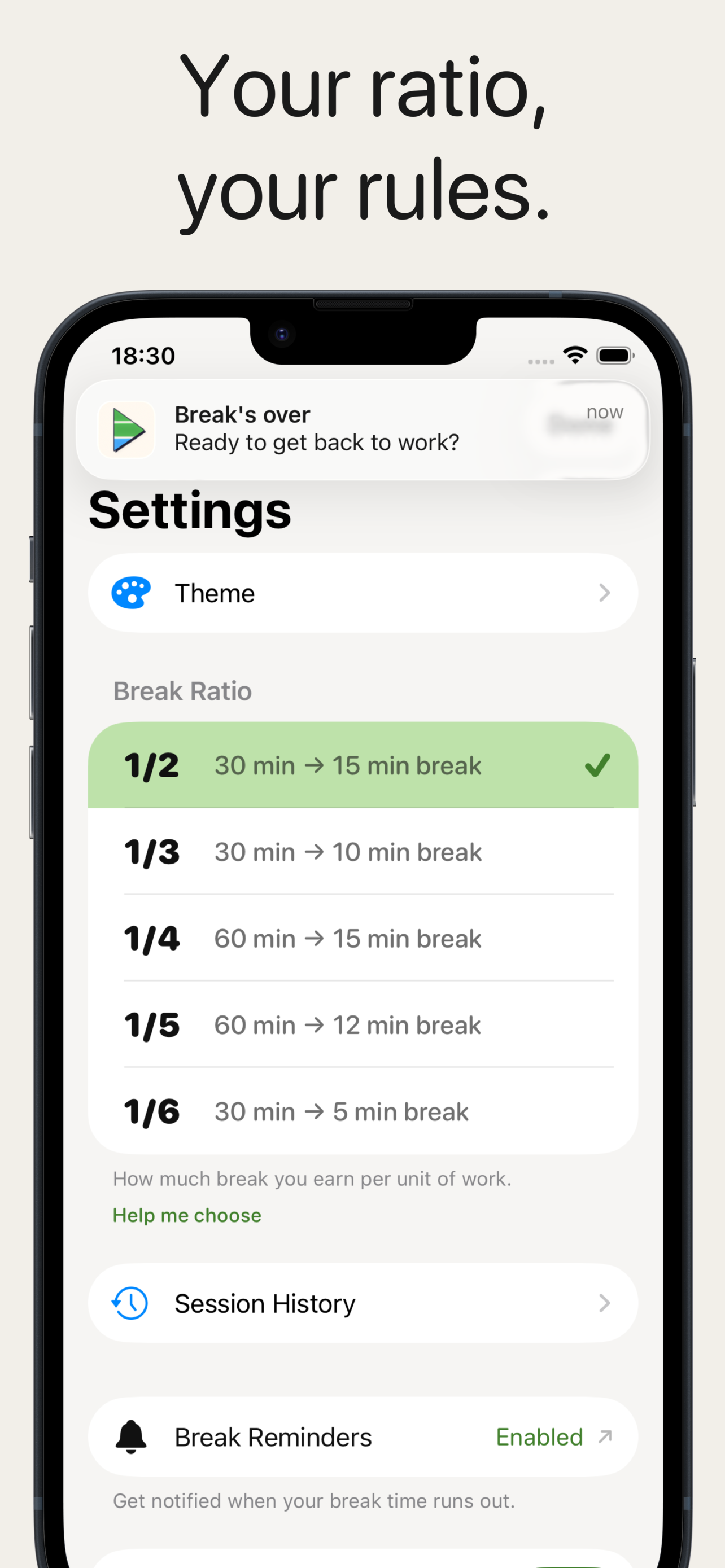 Divvy Time settings showing ratio and theme options